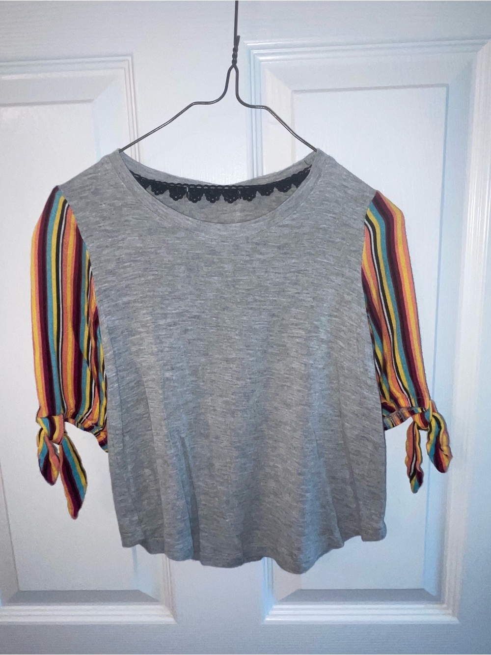Copper Key Gray Tee with Rainbow Stripe Tie Sleeves